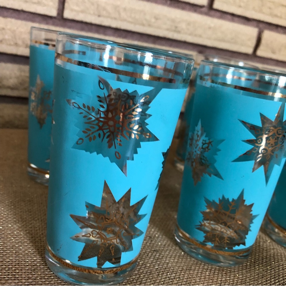 60's Aqua/Gold Starburst Glasses - 8 - Tumblers - Highballs - Barware -Glassware - Picture 7 of 14